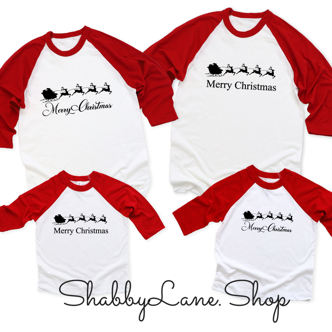 Santa Sleigh. Merry Christmas - red sleeves tee Shabby Lane