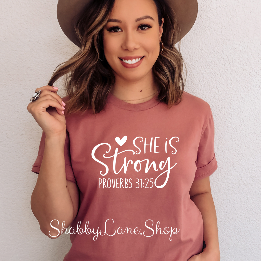 T-shirt of the day - She is strong - mauve tee Shabby Lane