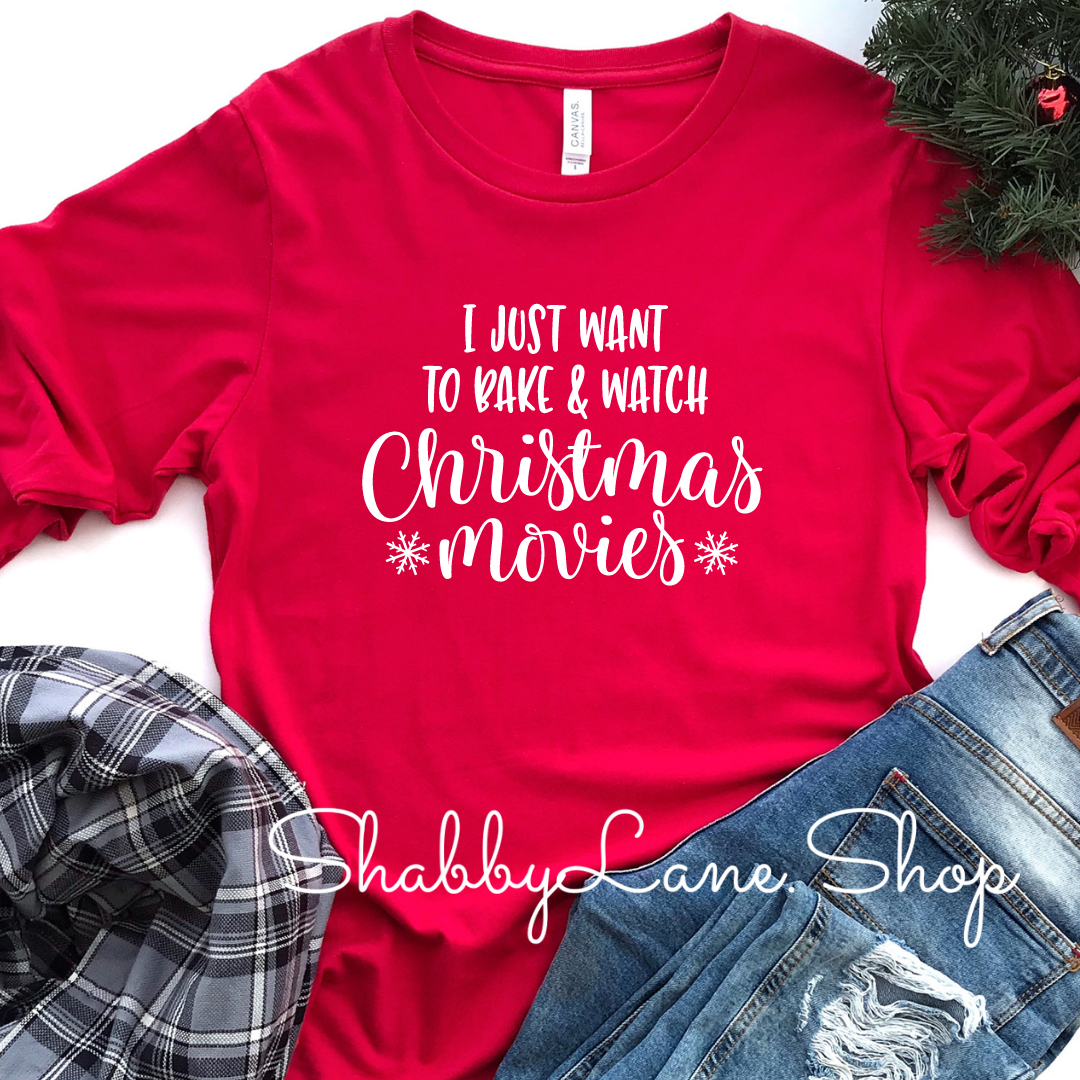 Bake and watch Christmas movies - red long sleeve tee Shabby Lane