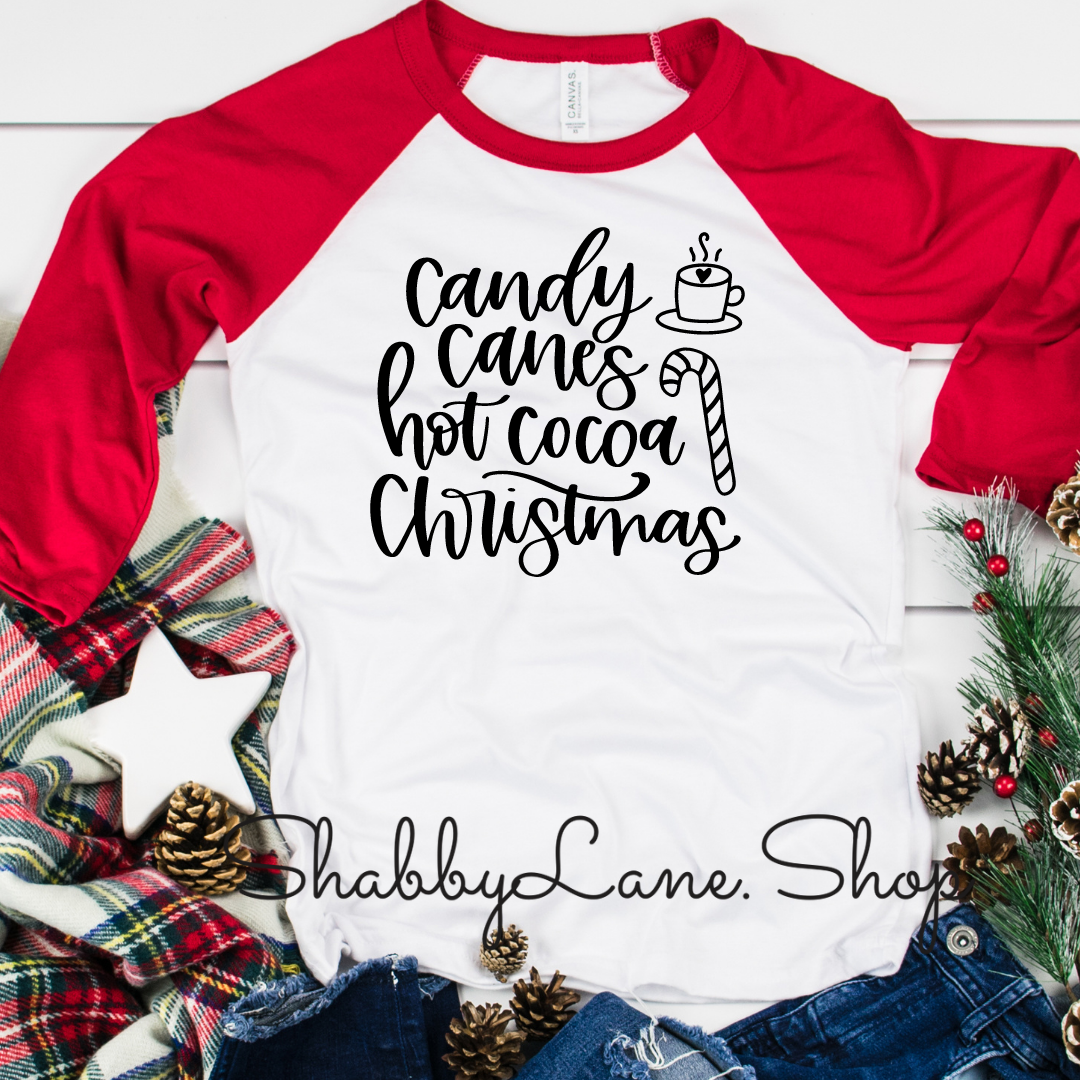 Candy Canes Hot Cocoa Christmas- red sleeves tee Shabby Lane