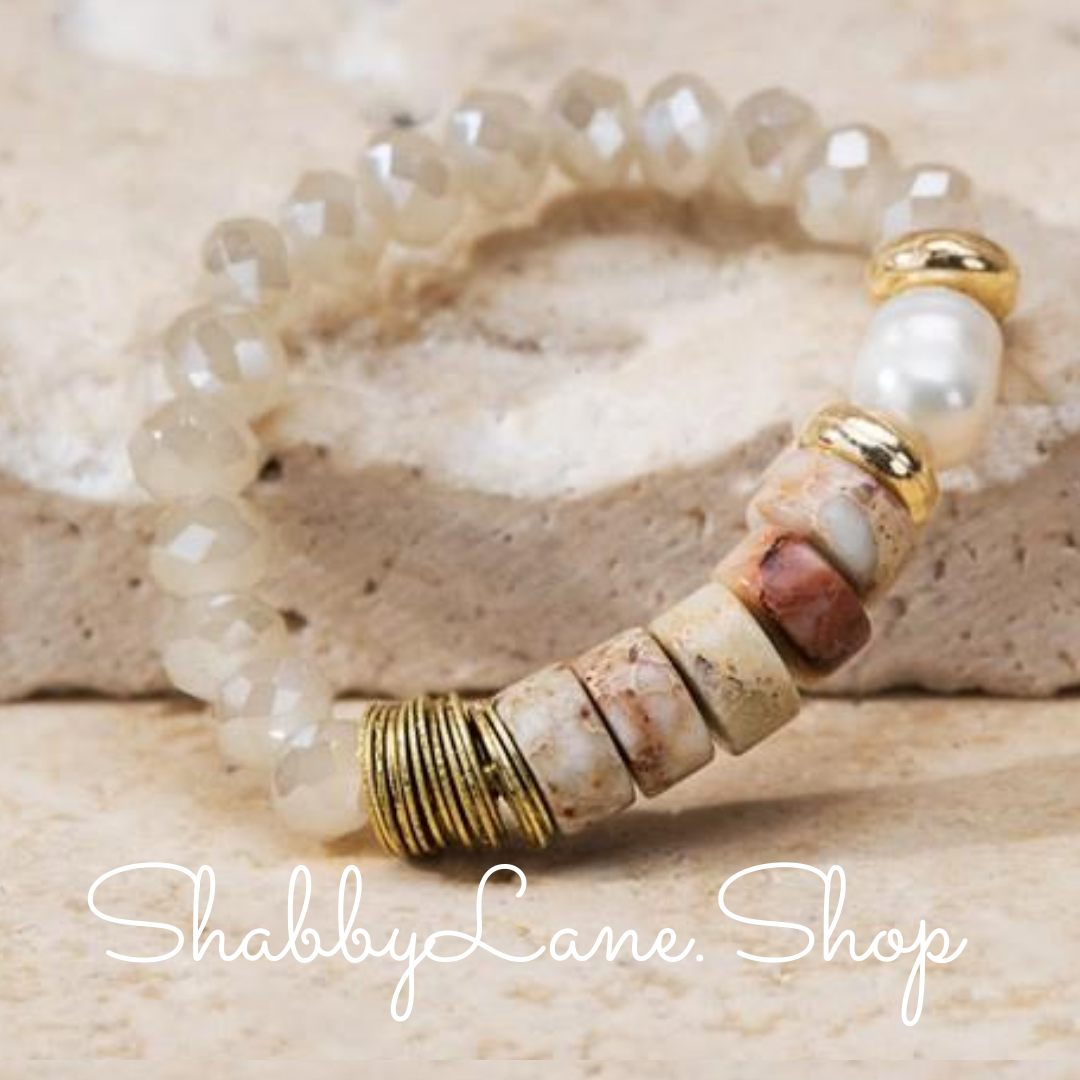 White and tan beaded ring. Shabby Lane