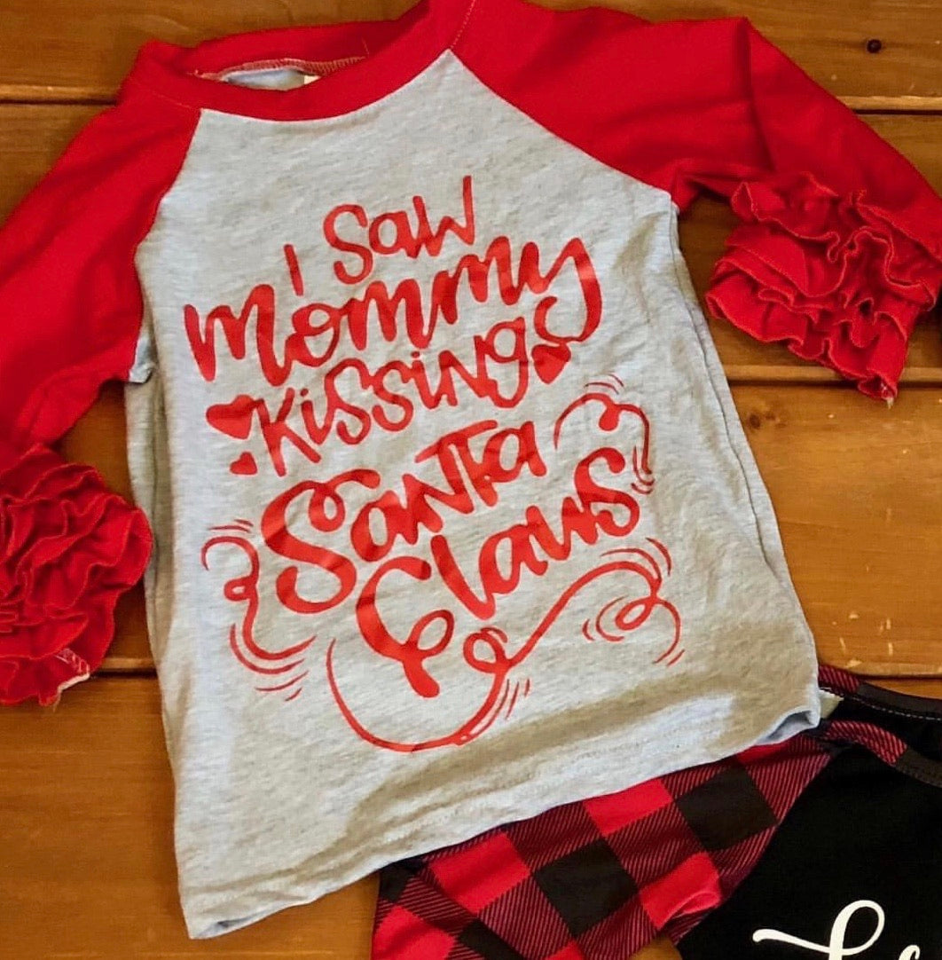 Mommy kissing Santa. Girl Toddler tee ruffle sleeves Shabby Lane