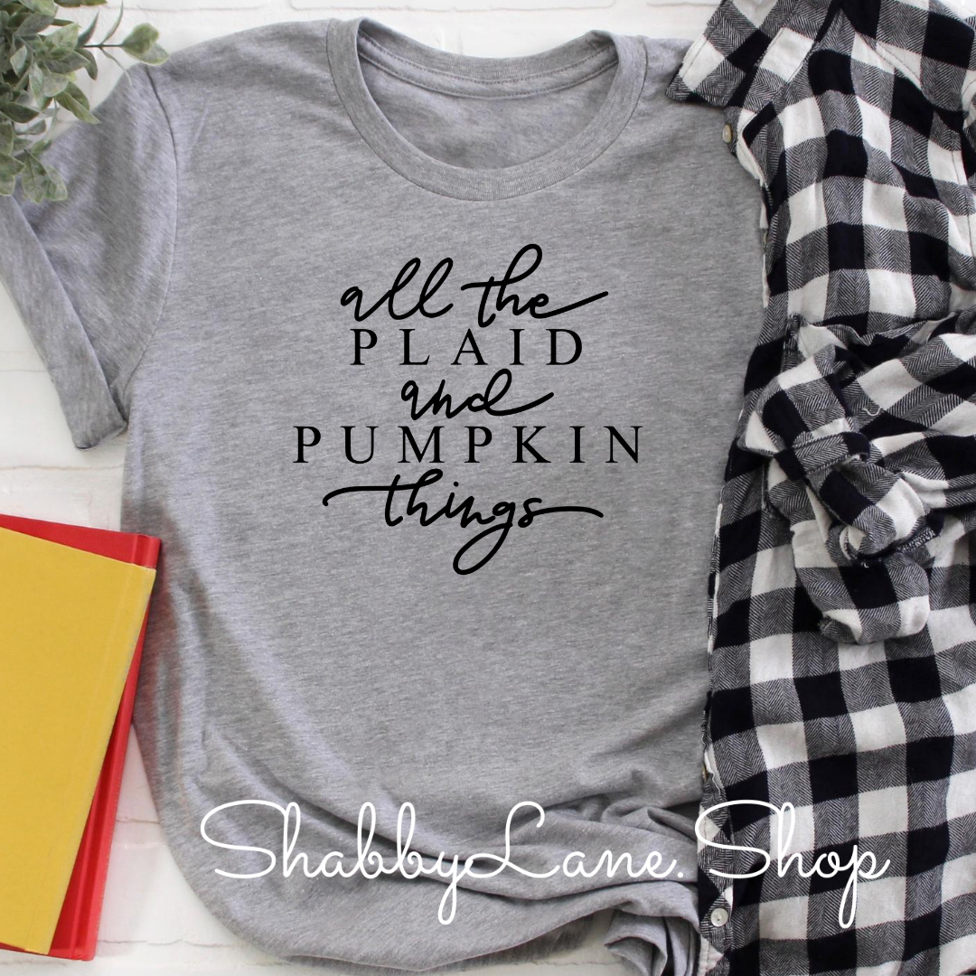All the plaid and pumpkin things! Gray tee Shabby Lane