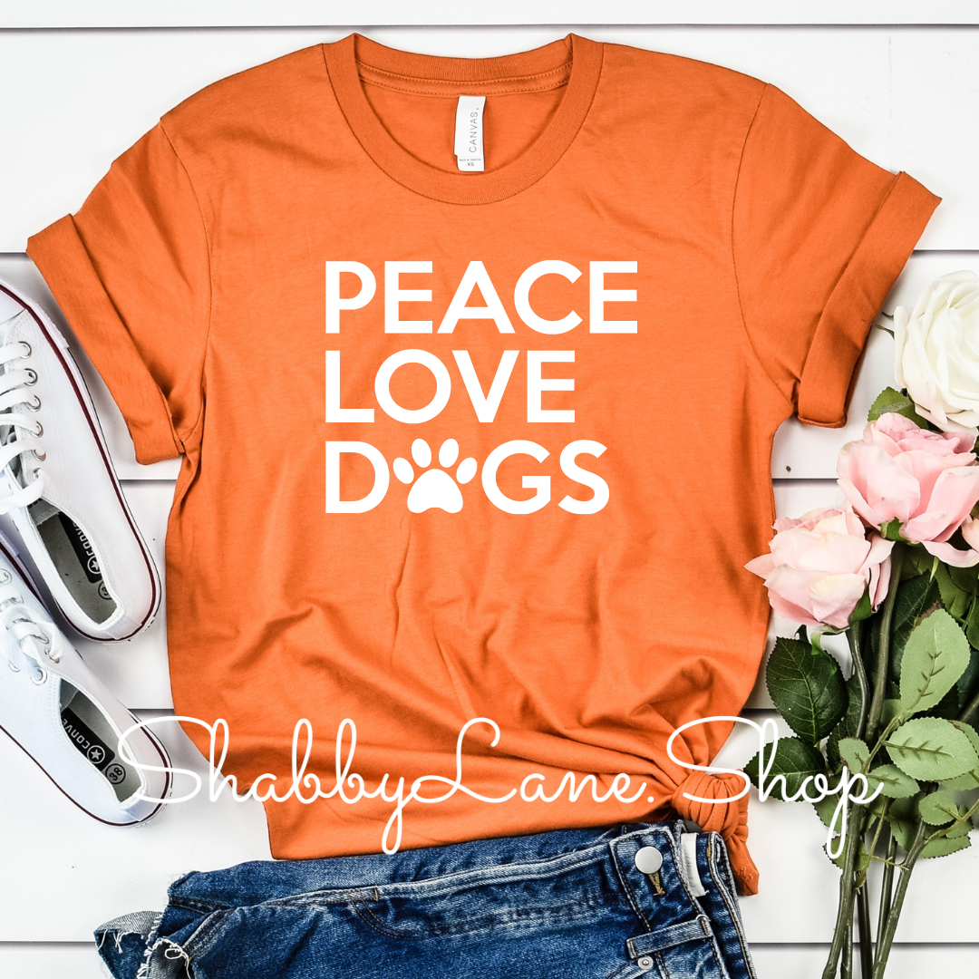 Peace love and dogs orange tee Shabby Lane