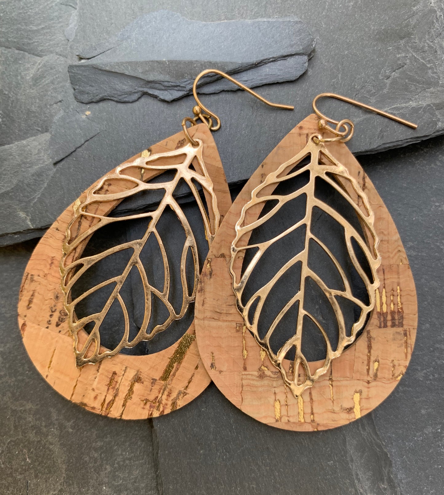Teardrop cork -gold leaf earrings - natural Shabby Lane