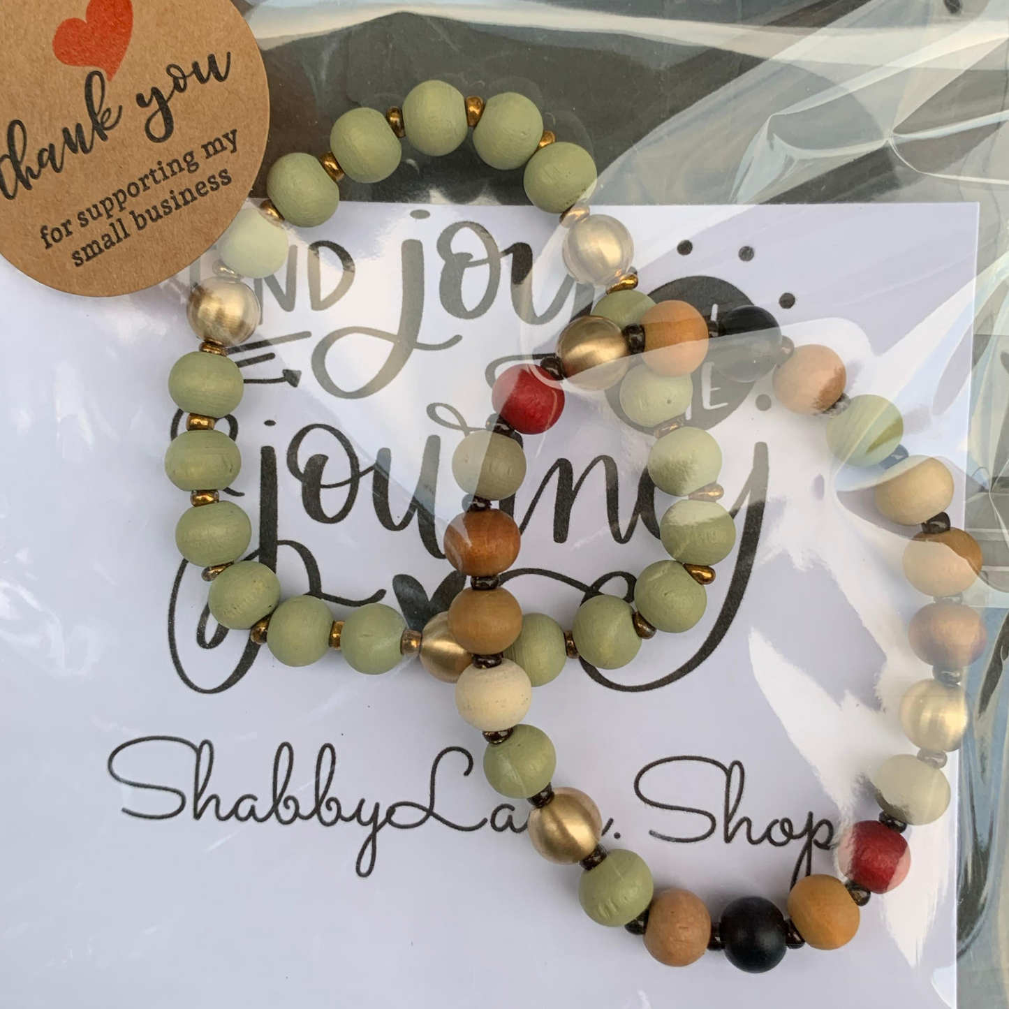 Wooden beaded bracelet- mint and multi color Faux leather Shabby Lane