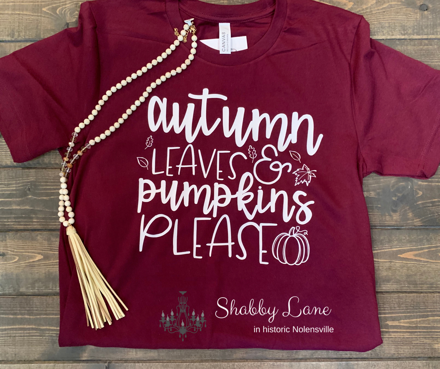 Autumn leaves and Pumpkins please - maroon tee Shabby Lane