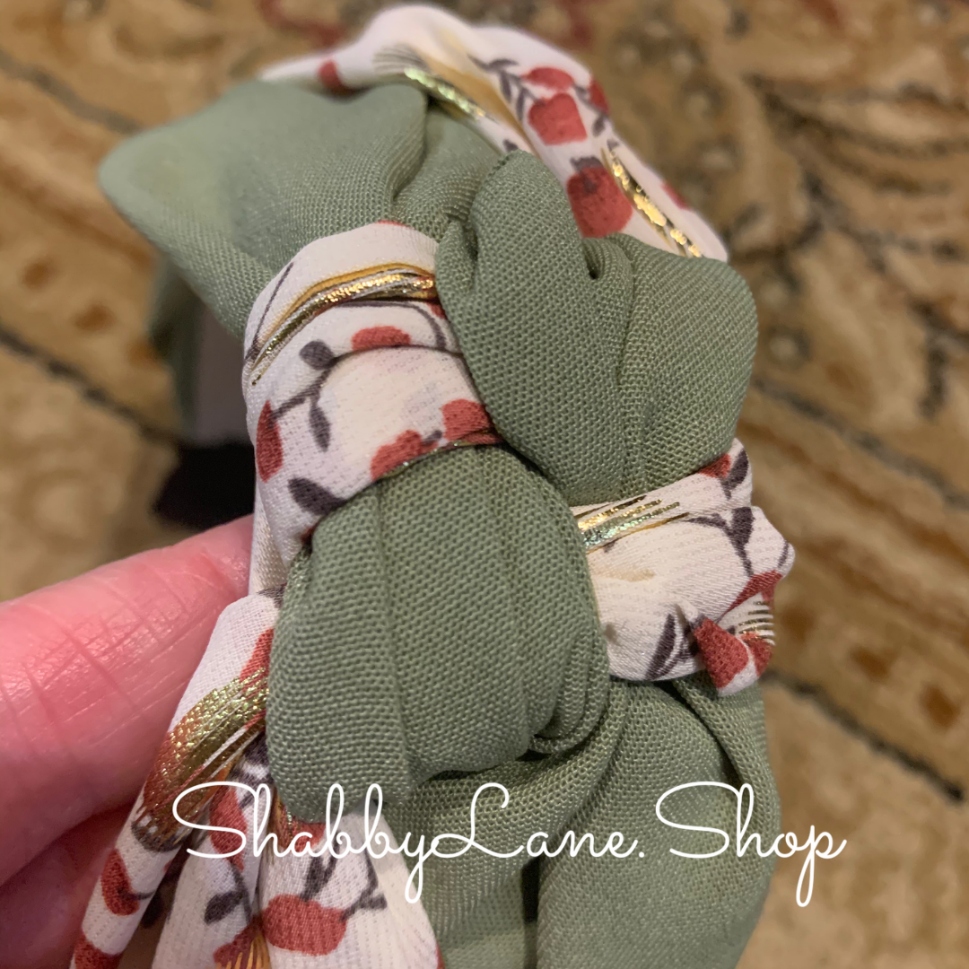 Floral print double knitted headband - sage with gold accents Shabby Lane