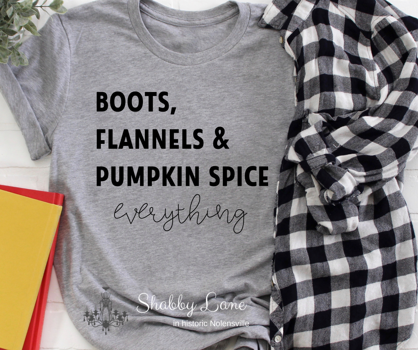 Boots flannels and pumpkin spice - black letters tee Shabby Lane