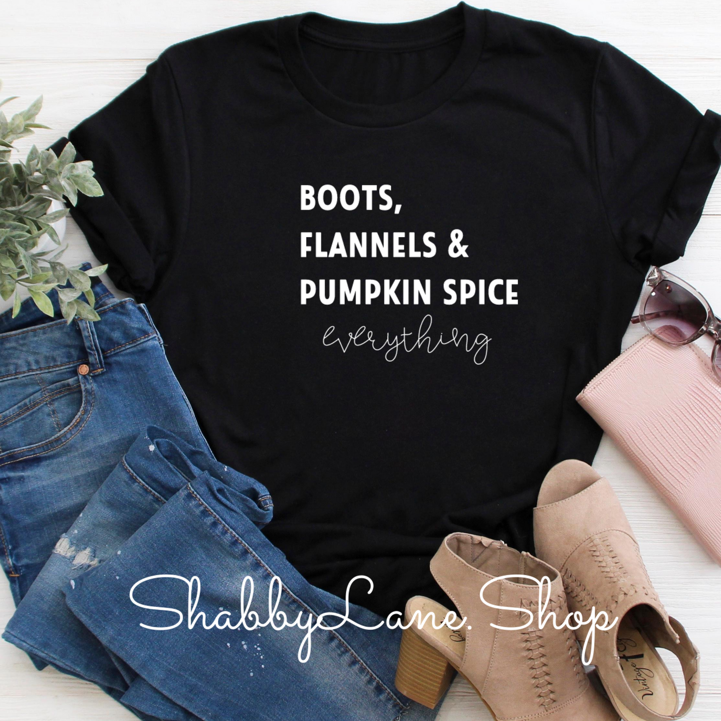 Boots Flannel and Pumpkin Spice - Black tee Shabby Lane