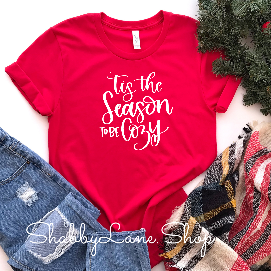 ‘‘Tis the season to be cozy - Red Short Sleeve tee Shabby Lane