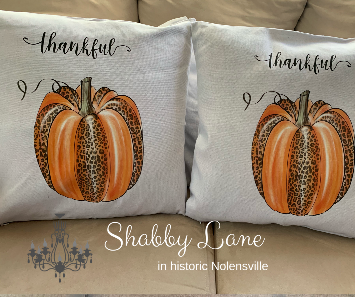Thankful Leopard pumpkin Canvas pillow Shabby Lane