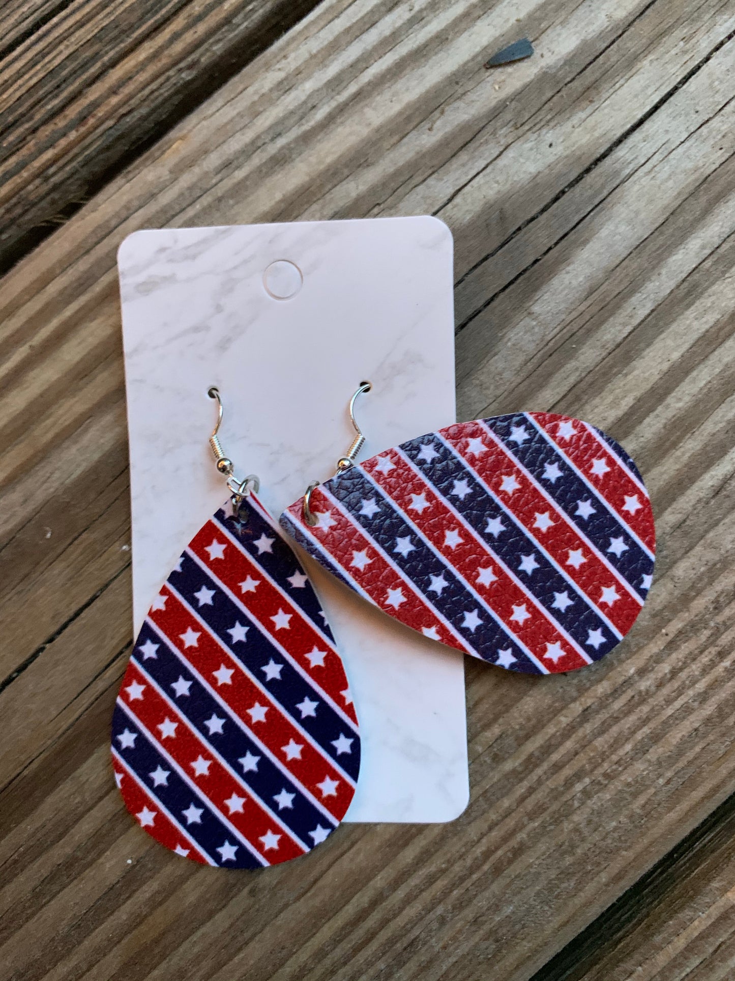 Patriotic Teardrop faux leather earrings Stars red blue stripes Shabby Lane
