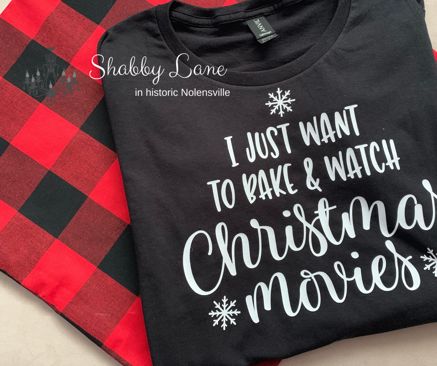 Bake and watch Christmas Movies tee -black tee Shabby Lane