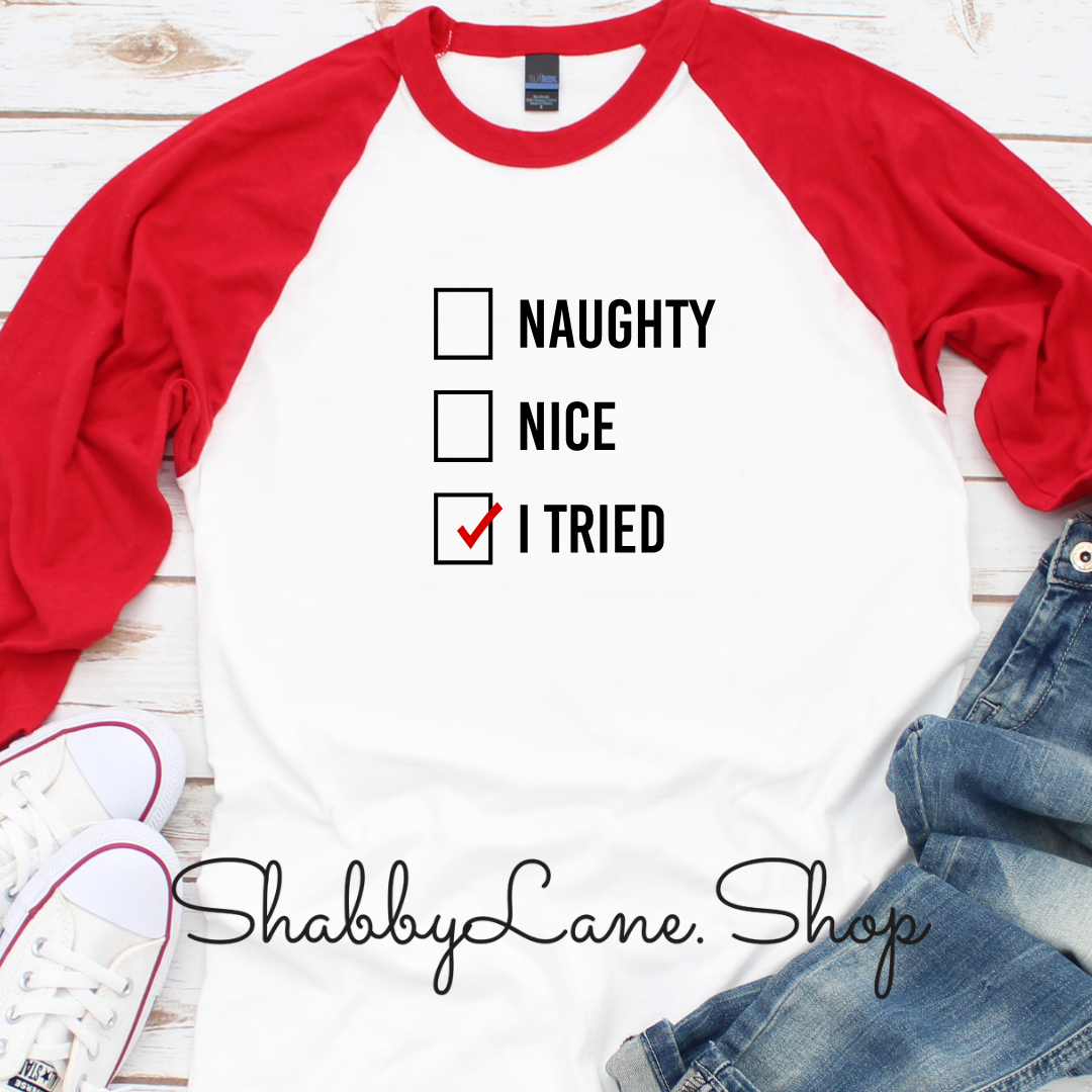 Naughty. Nice. I tried - red sleeves man tee Shabby Lane