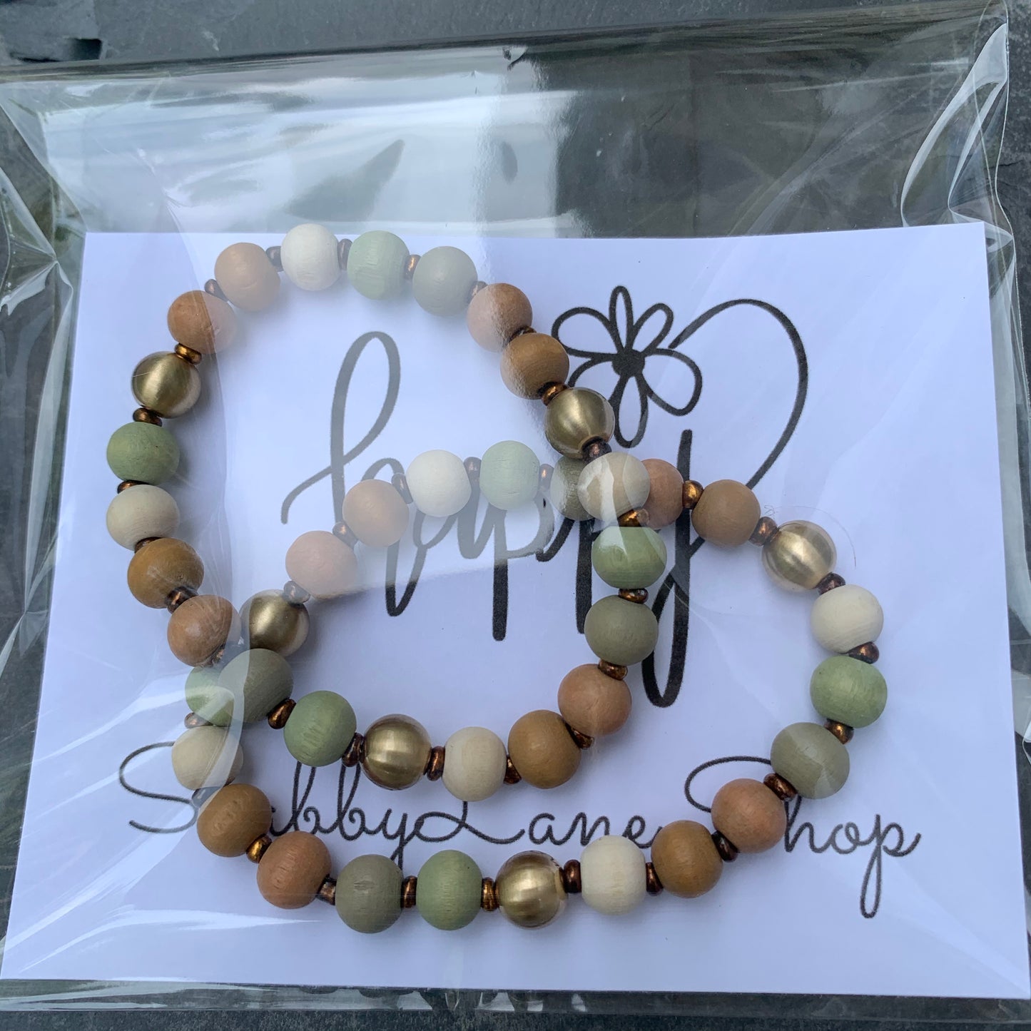 Wooden beaded bracelet- light multi color Faux leather Shabby Lane