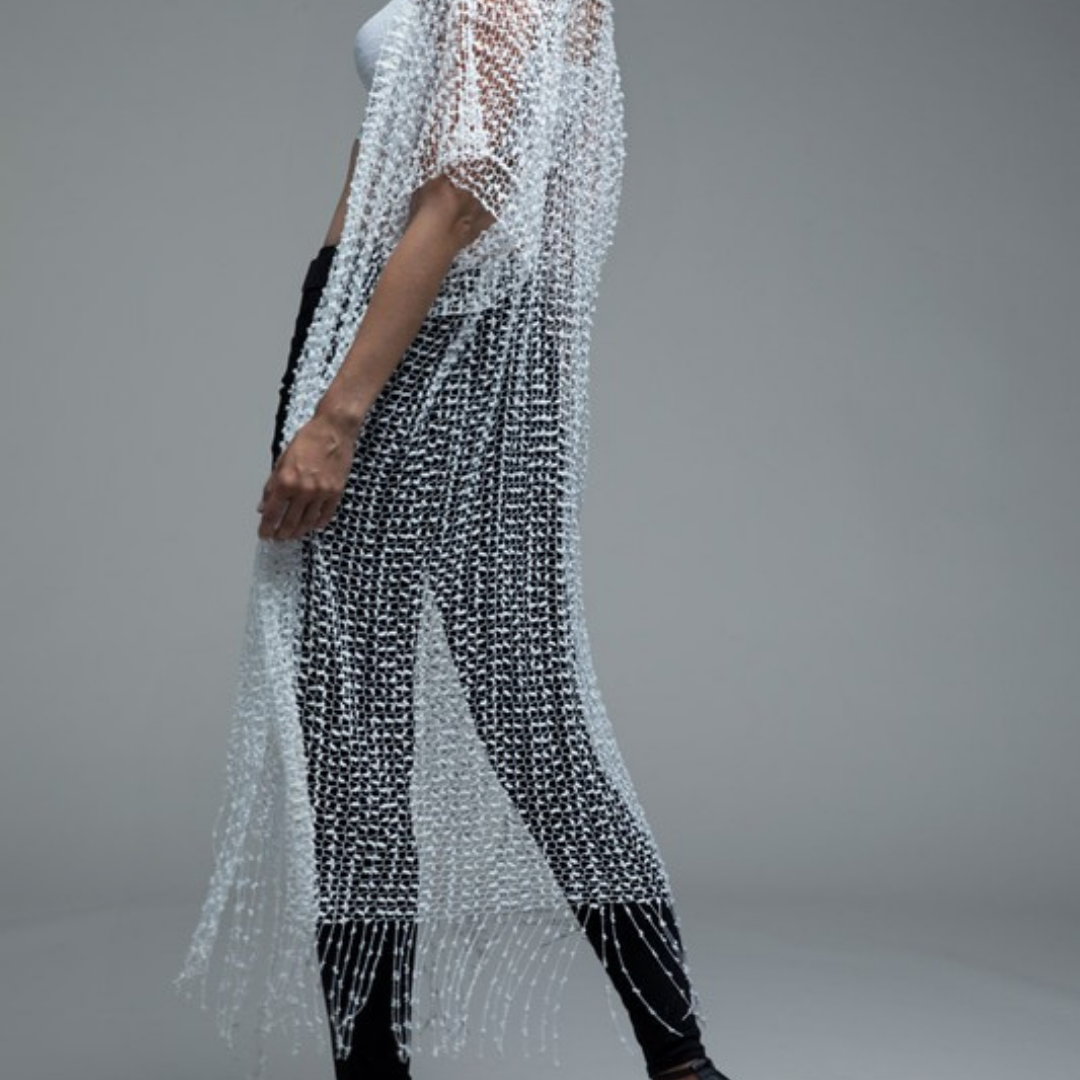 Bohemian style crochet loose knit vest with sequins and fringe - white Shabby Lane