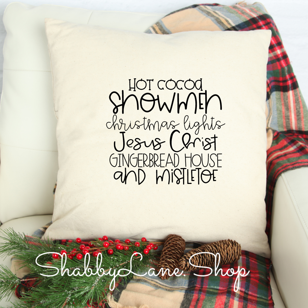 Hot cocoa snowman - white pillow Shabby Lane