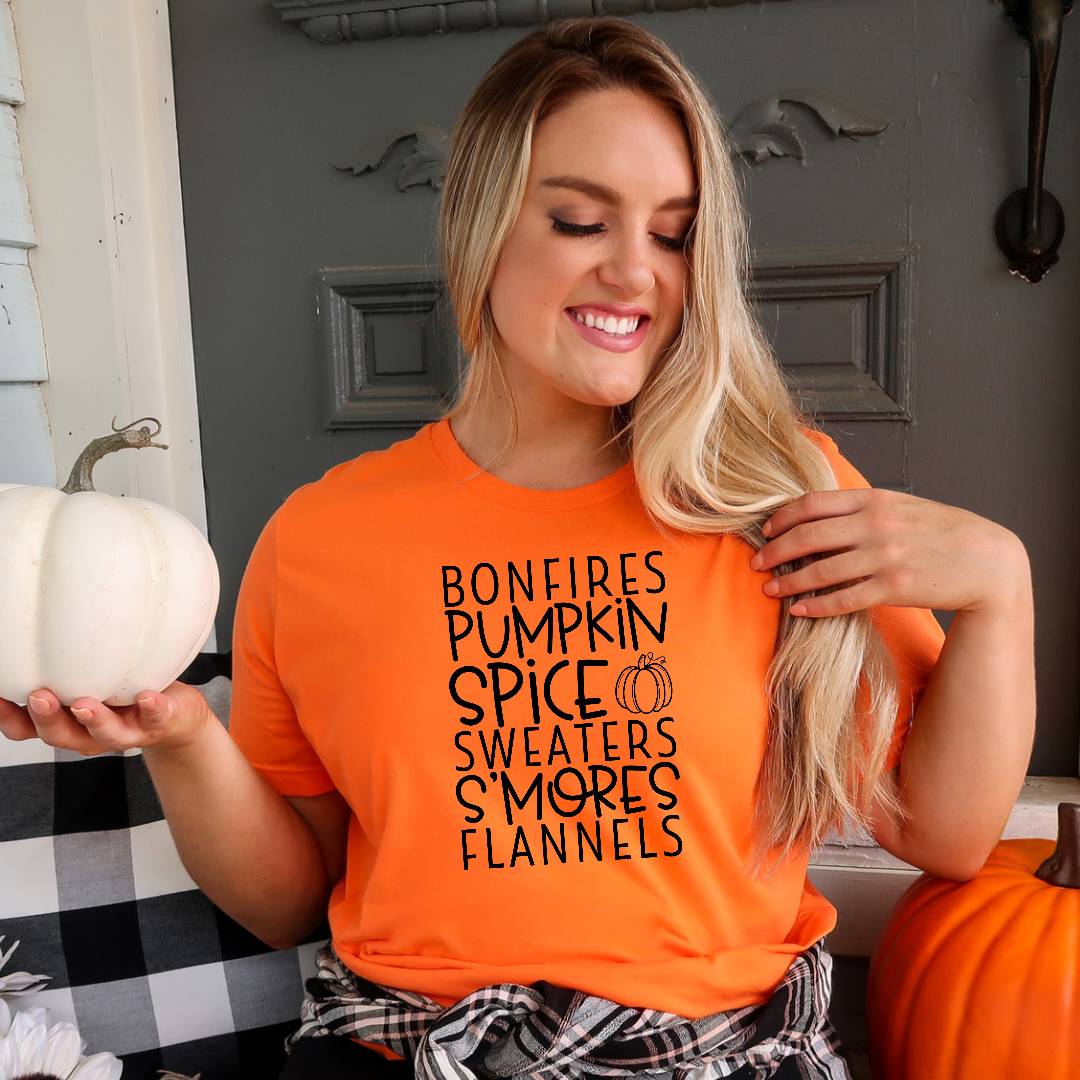 Bonfires pumpkin spice Sweaters s’mores and flannels - T-shirt Orange tee Shabby Lane