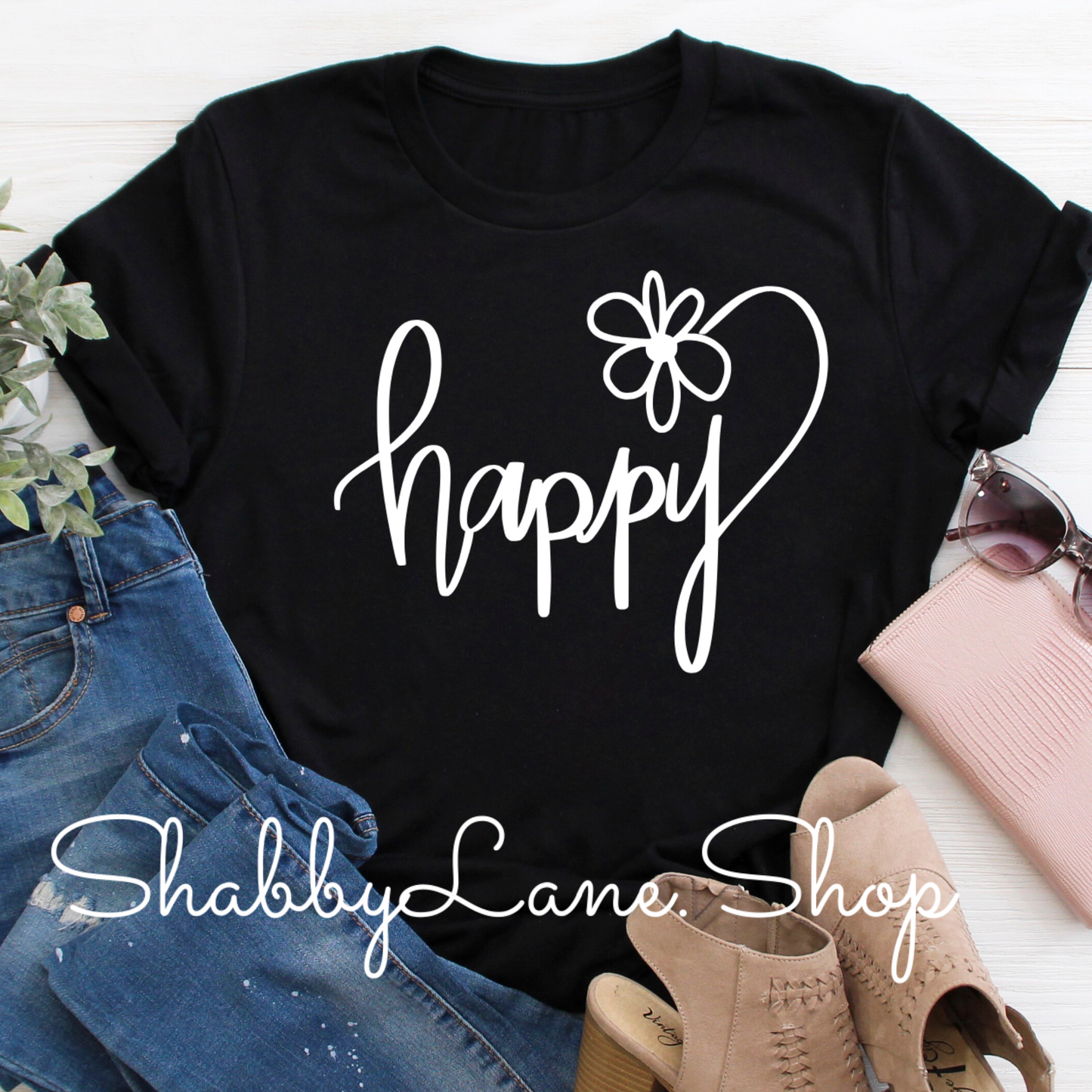 Happy- black tee Shabby Lane