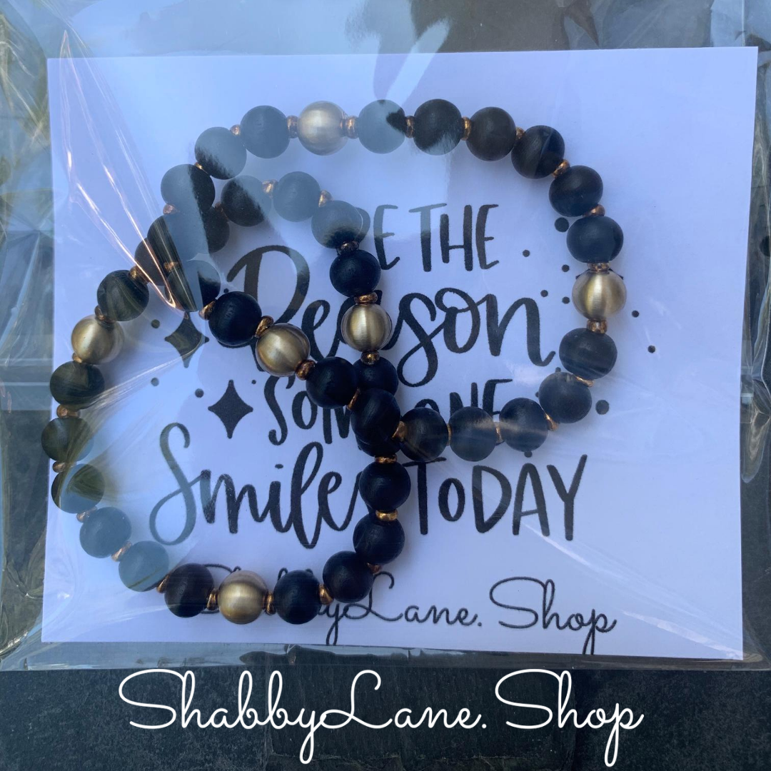 Wooden beaded bracelet- black Faux leather Shabby Lane