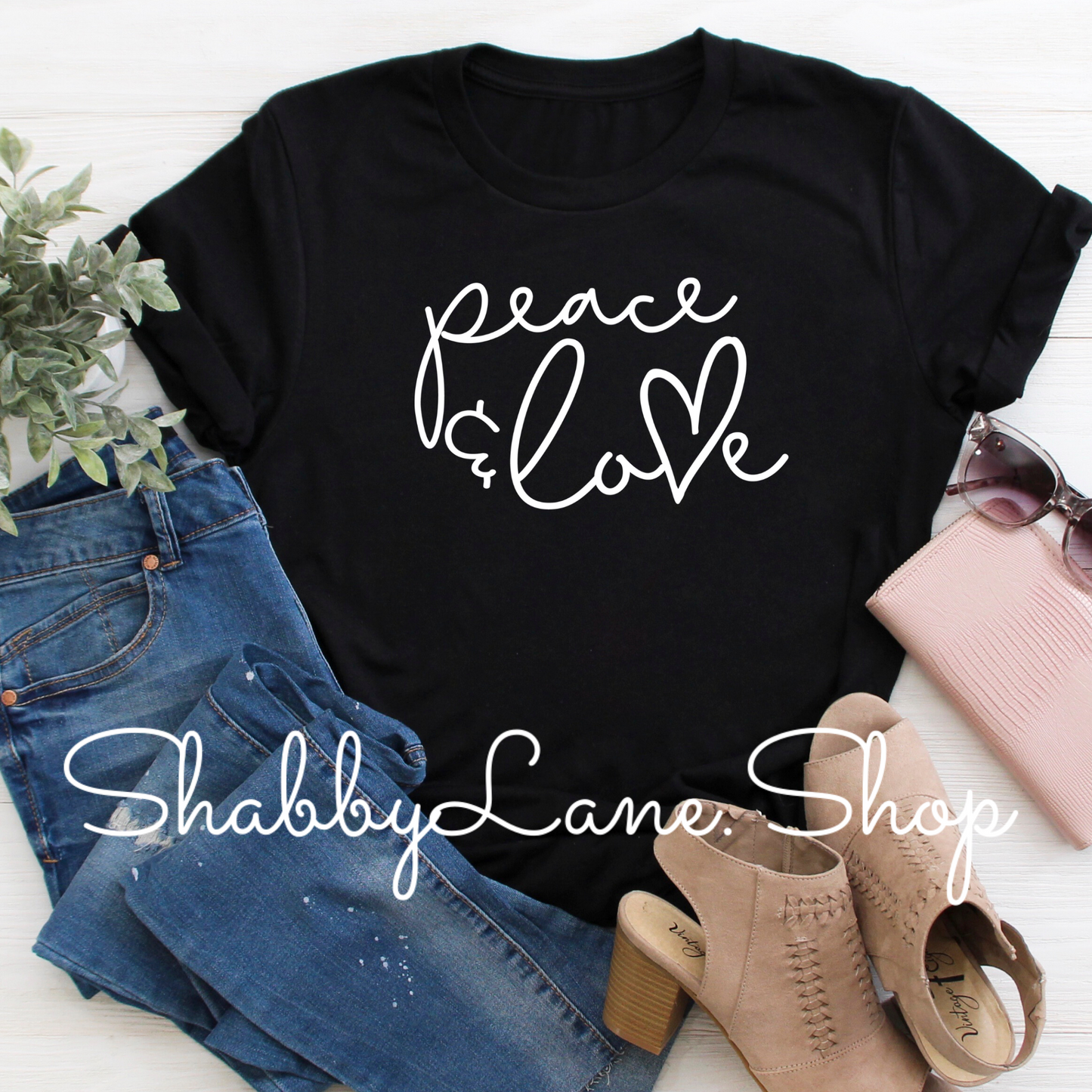 Peace and Love Black tee Shabby Lane