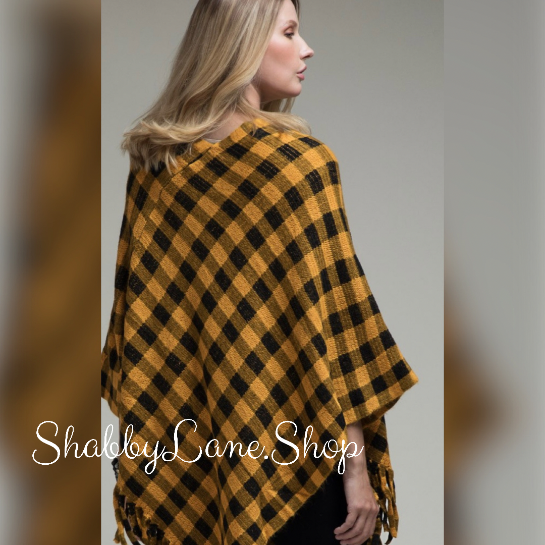Buffalo plaid poncho with fringe- mustard Shabby Lane