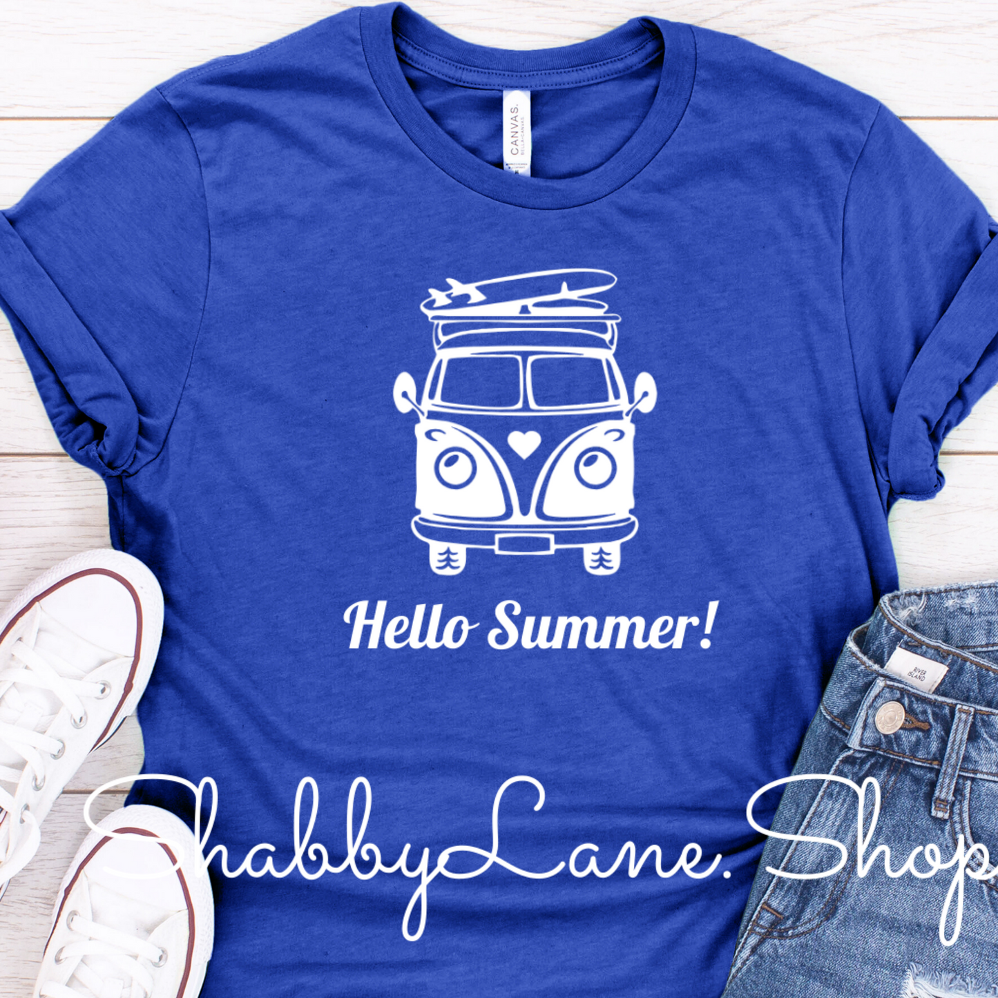 Hello Summer! VW Van - Royal blue tee Shabby Lane