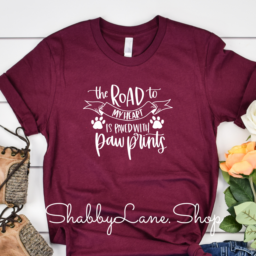The road to my heart paw prints - Maroon t-shirt tee Shabby Lane