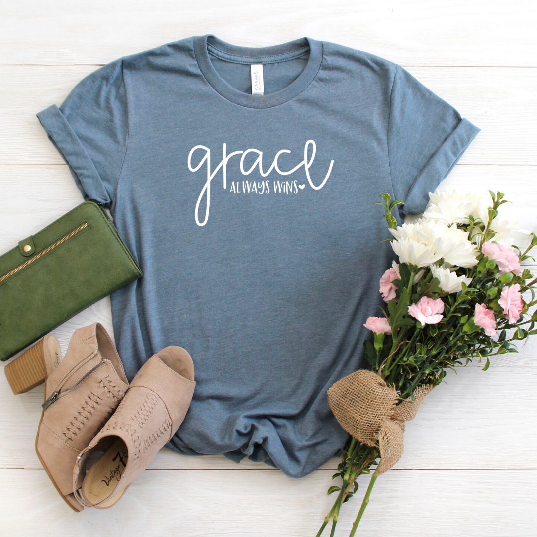 Grace always wins - slate blue tee Shabby Lane