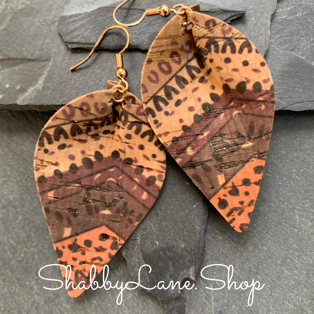 Pinched teardrop cork earrings brown tones Shabby Lane