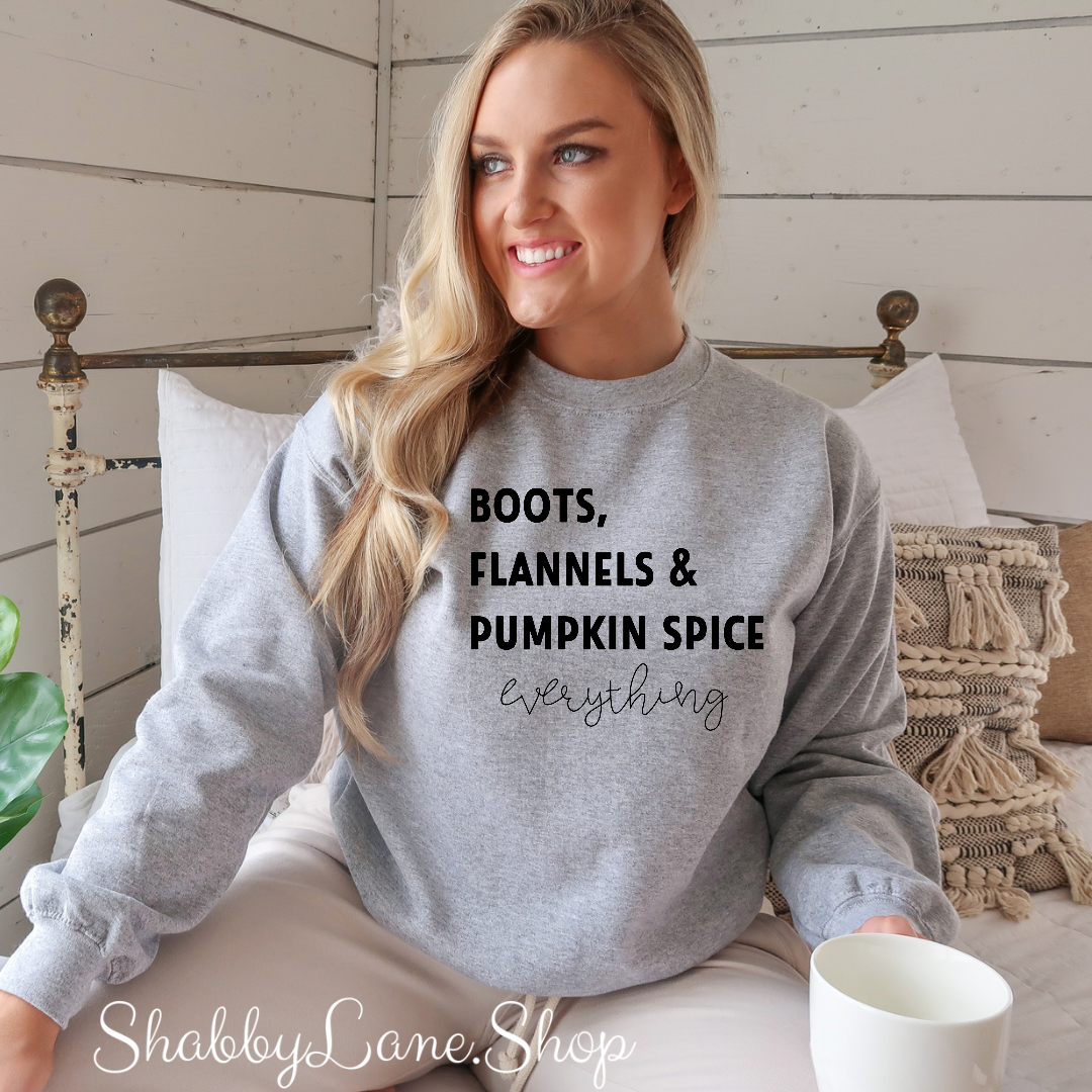 Boots Flannels and pumpkins spice - sweatshirt- Gray tee Shabby Lane
