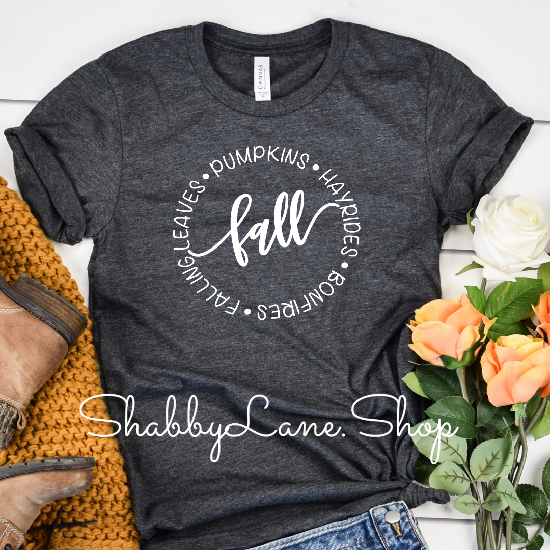 Fall pumpkins hayrides bonfires - Dk heather gray tee Shabby Lane