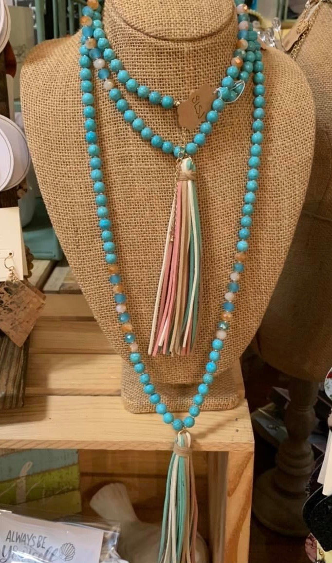 Turquoise Tassel beaded necklace Shabby Lane