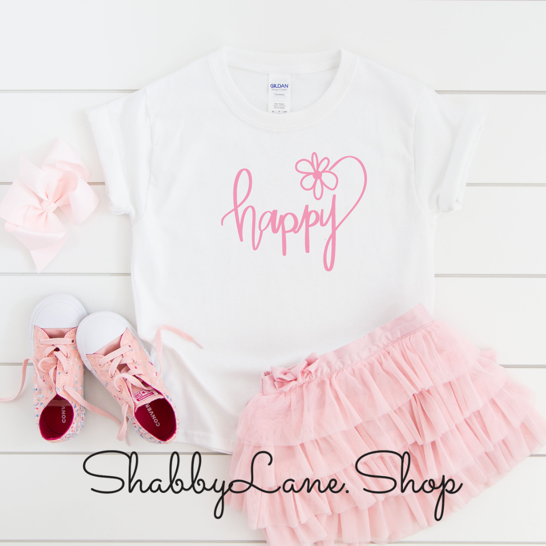 Happy- toddler/kids - white T-shirt - pink text Shabby Lane