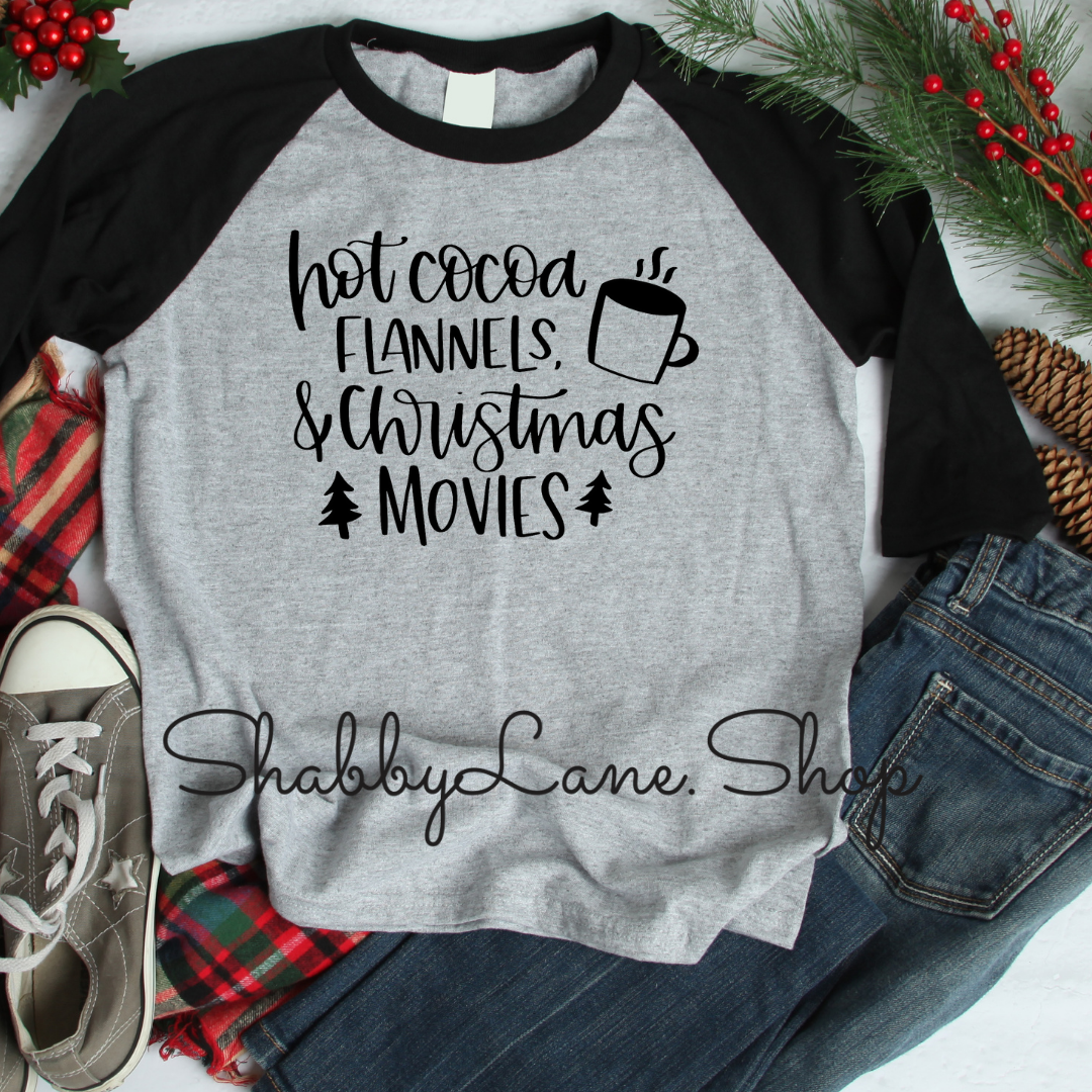 Hot cocoa flannels Christmas movies - gray raglan tee Shabby Lane