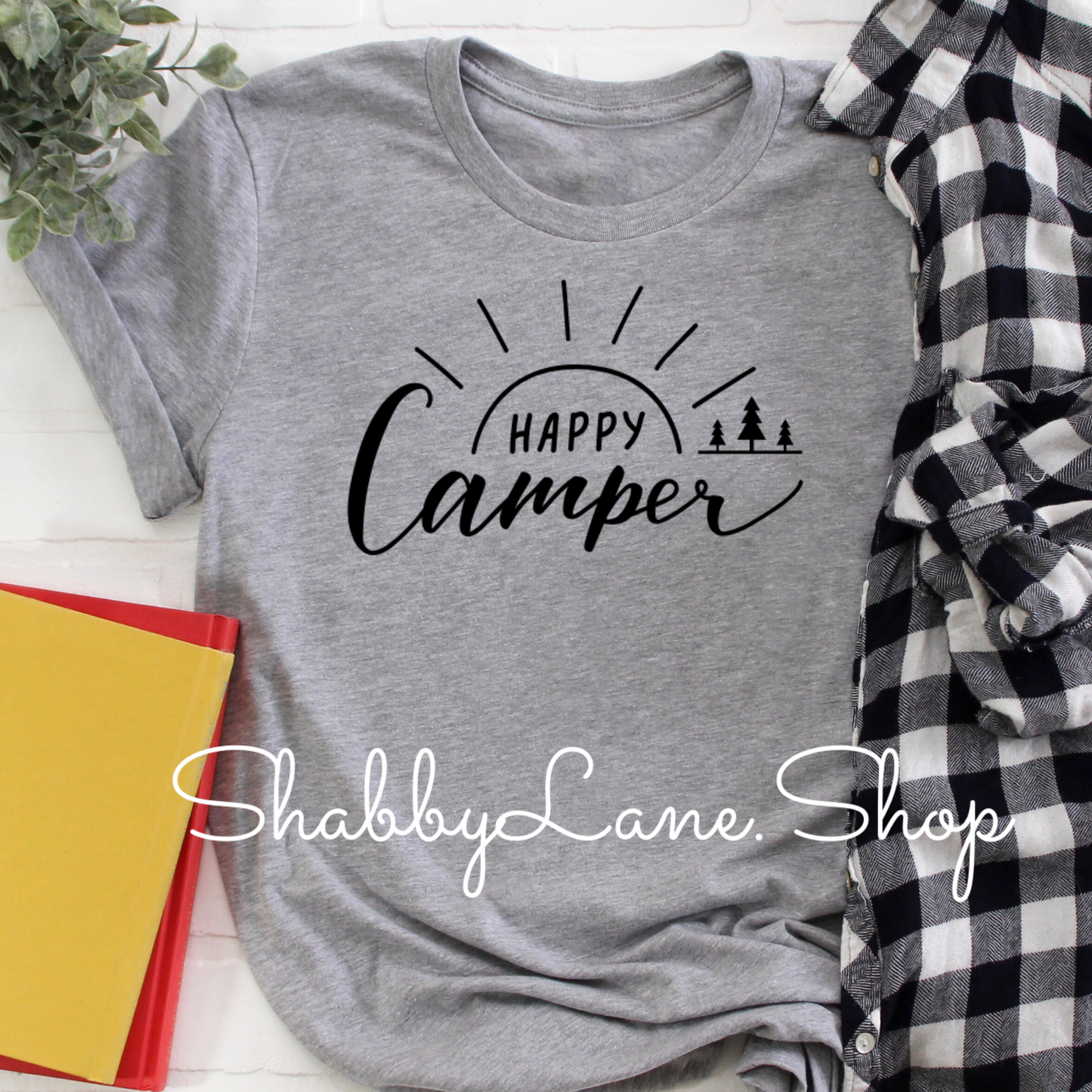 Happy Camper grey black text tee Shabby Lane