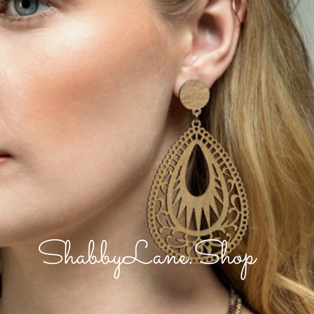 Wooden laser cut tear drop earrings brown Shabby Lane