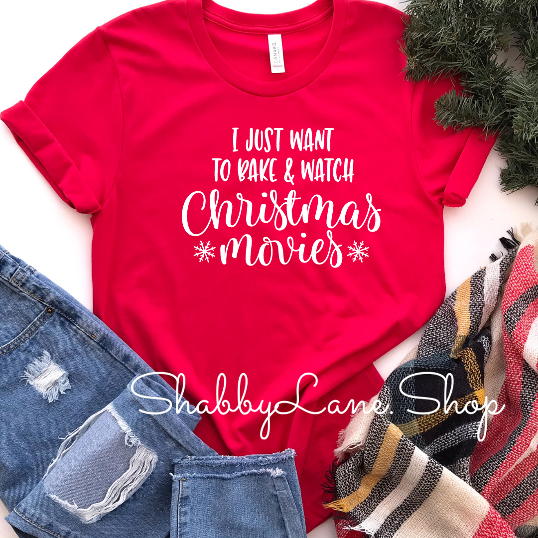 Bake and watch Christmas movies - Red Short Sleeve tee Shabby Lane