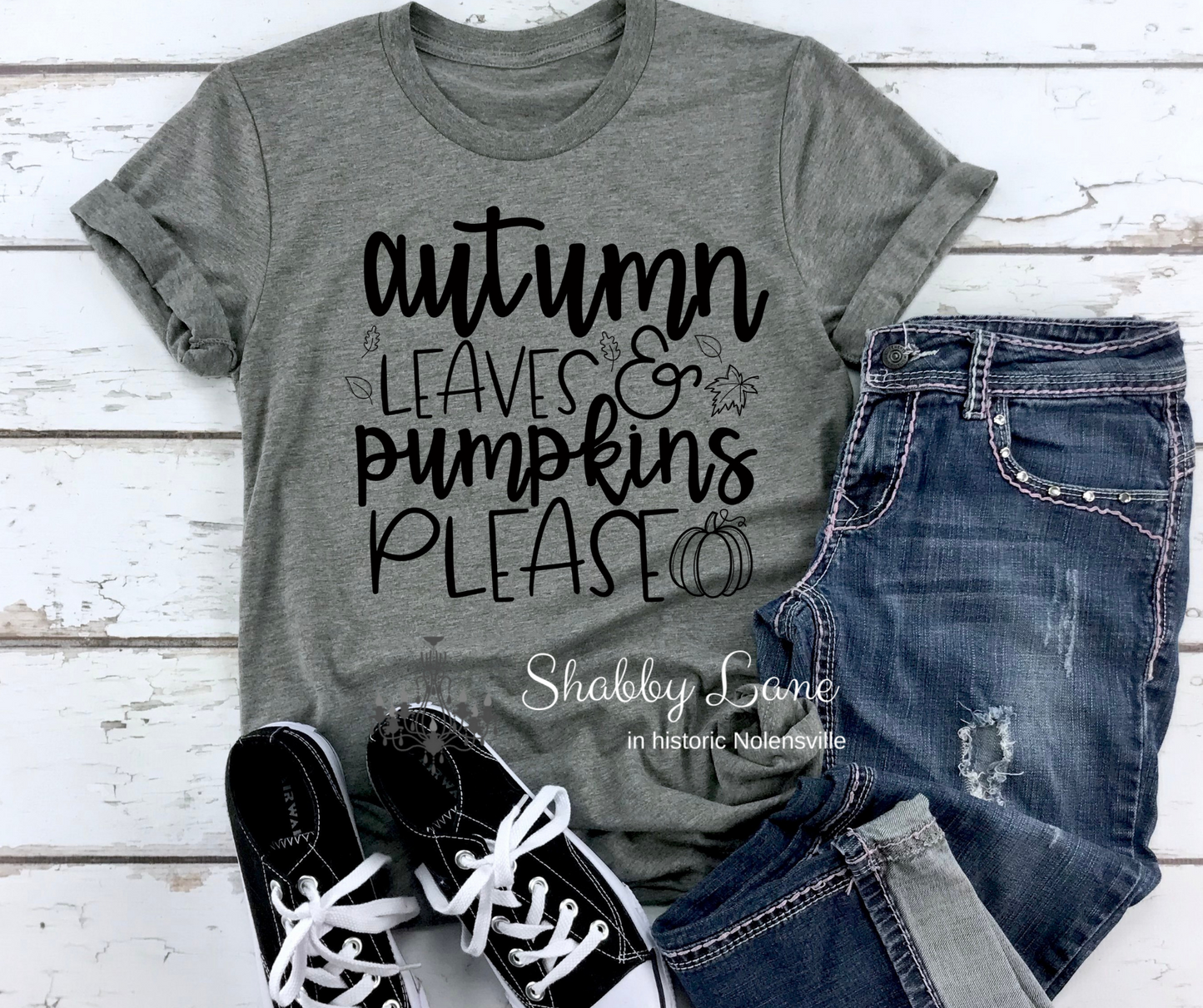 Autumn leaves and Pumpkins please - black letters tee Shabby Lane