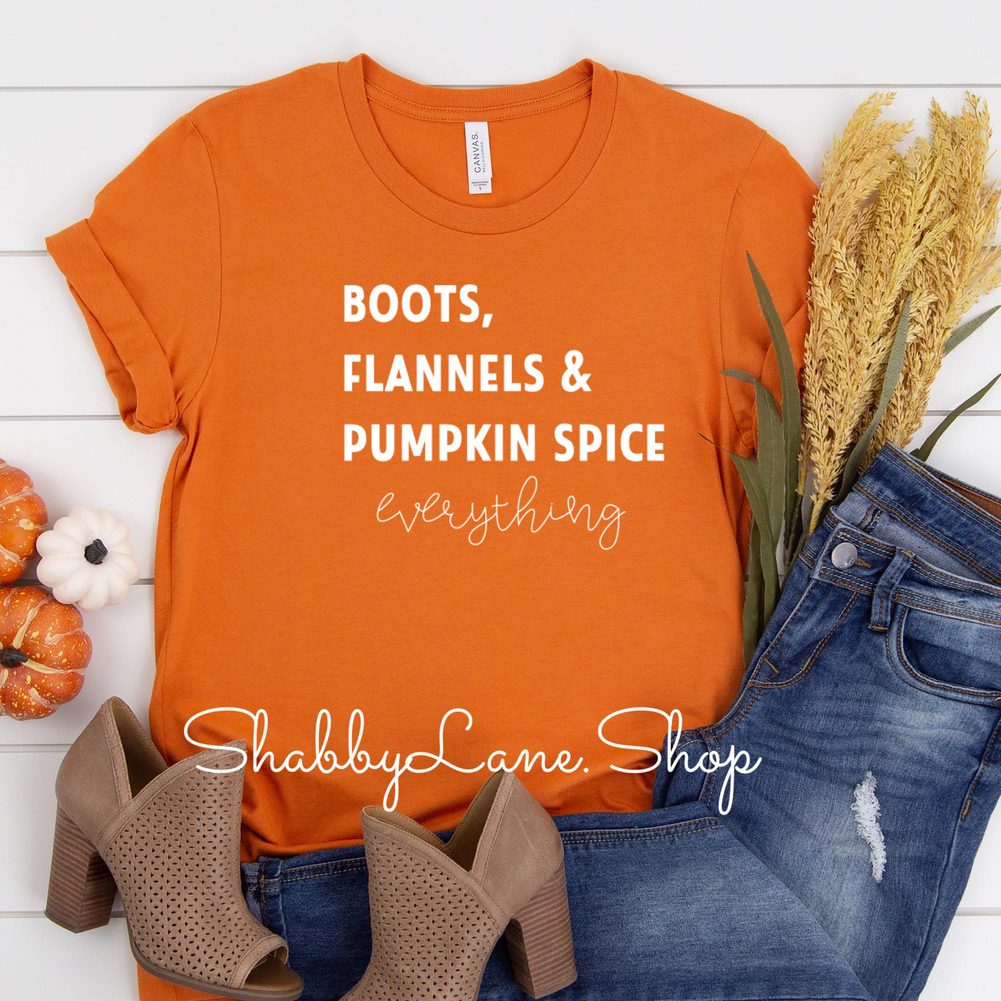 Boots Flannel and Pumpkin Spice - Burnt orange tee Shabby Lane