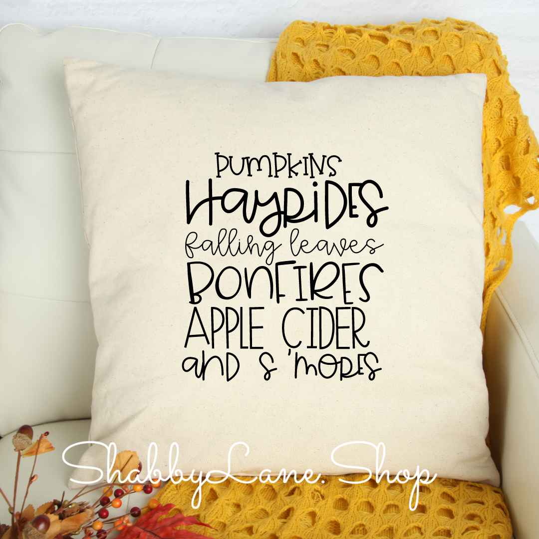 Pumpkins hayrides falling leaves S’mores - white pillow Shabby Lane