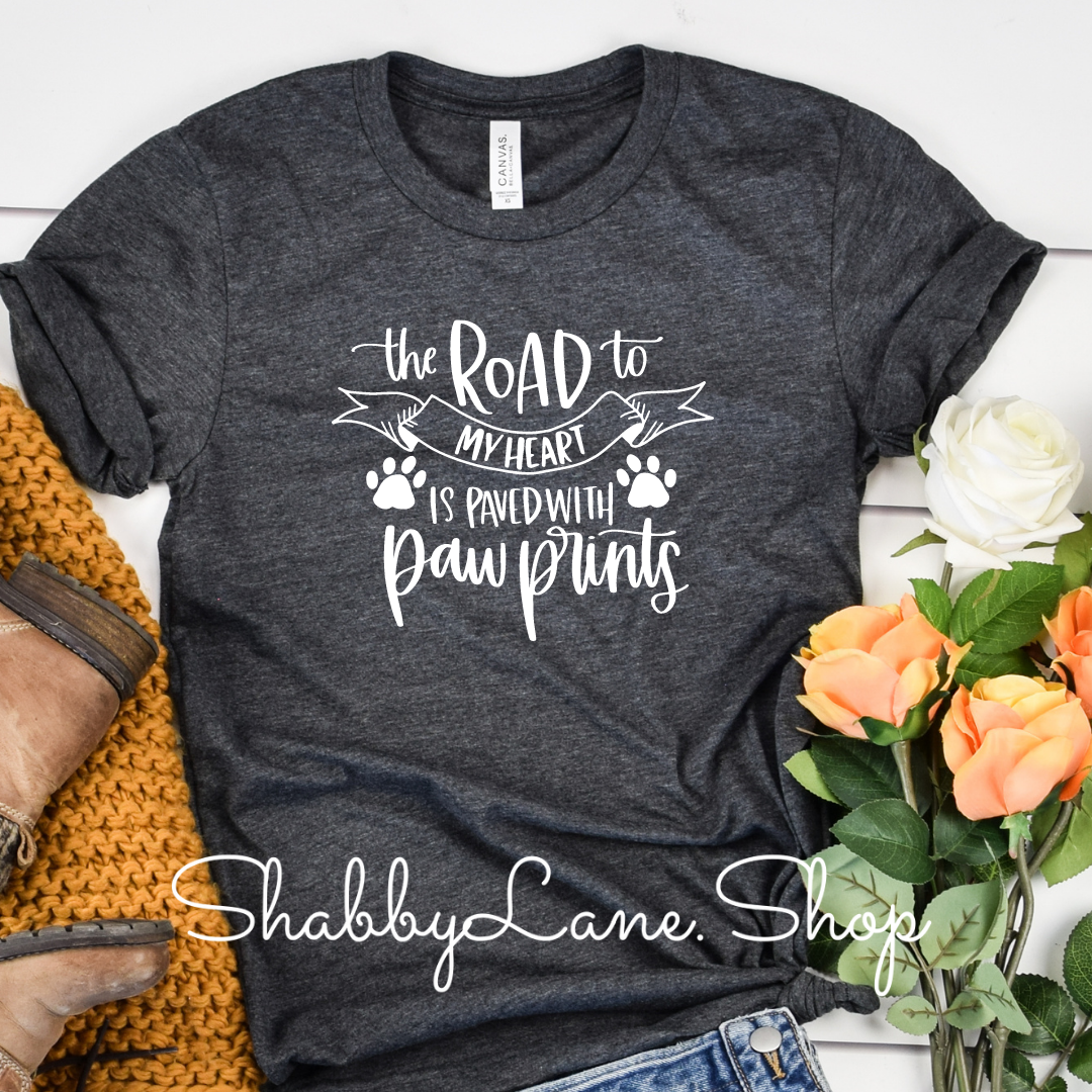The road to my heart paw prints - Dk Gray t-shirt tee Shabby Lane