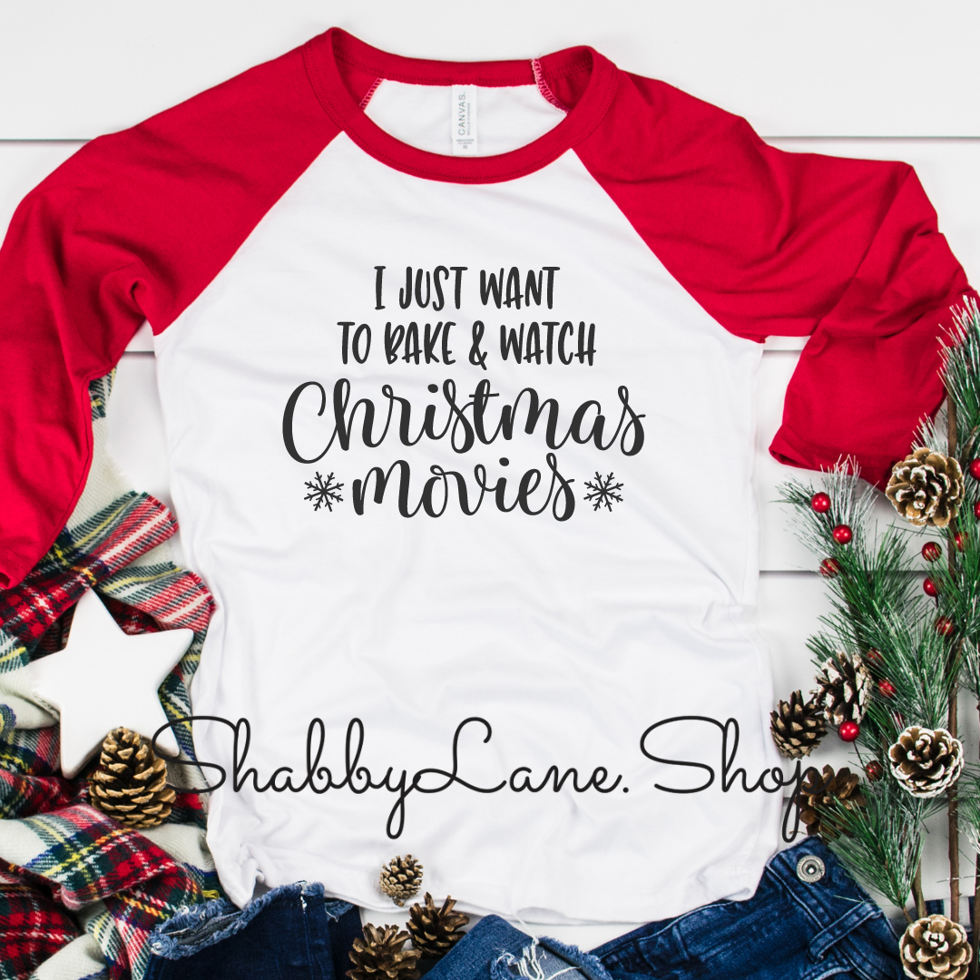 Bake and watch Christmas movies - red sleeves tee Shabby Lane