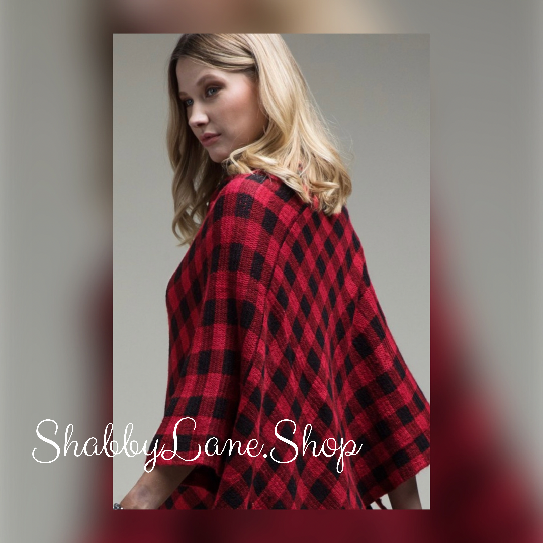 Buffalo plaid poncho with fringe- red Shabby Lane