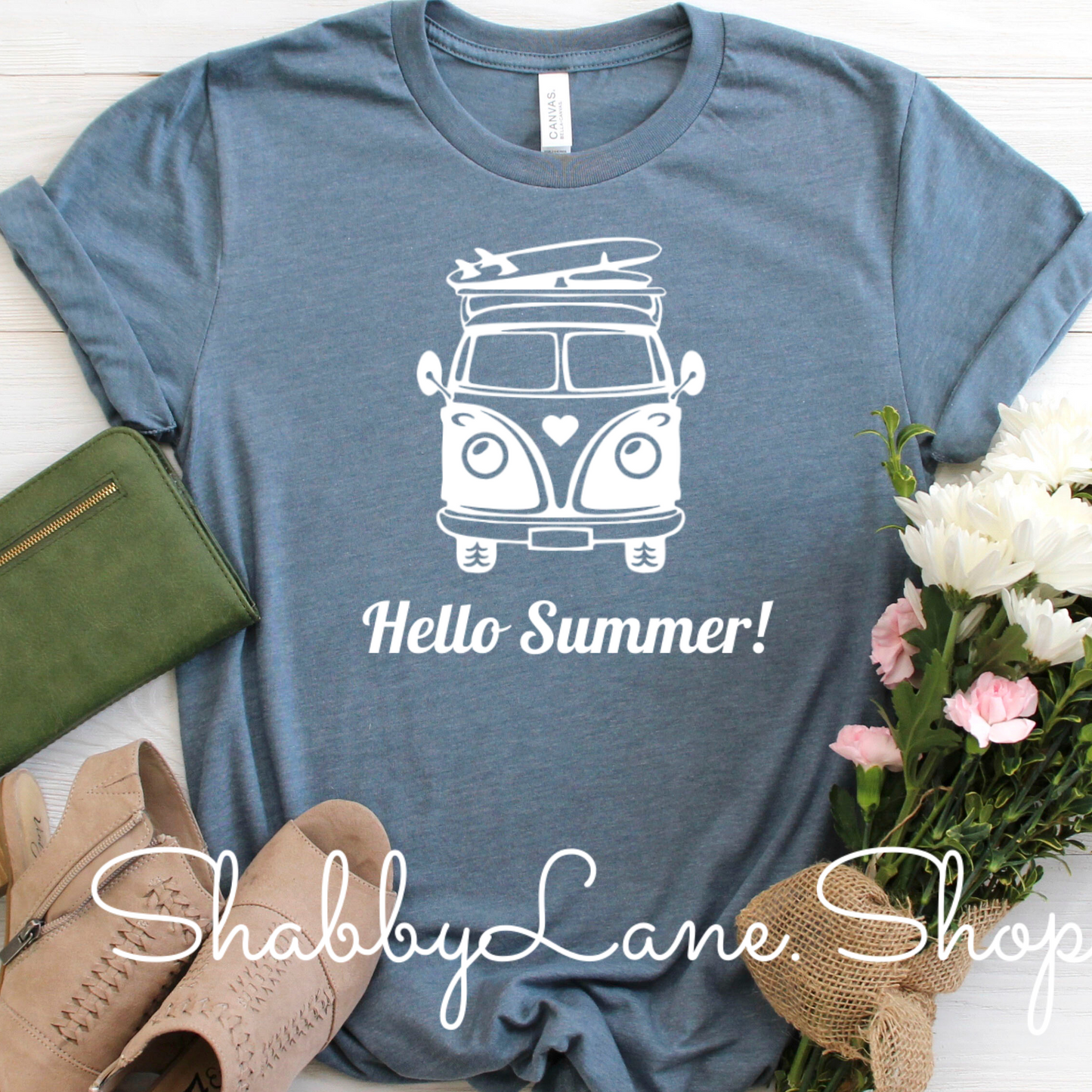Hello Summer! VW Van - Heather Slate tee Shabby Lane