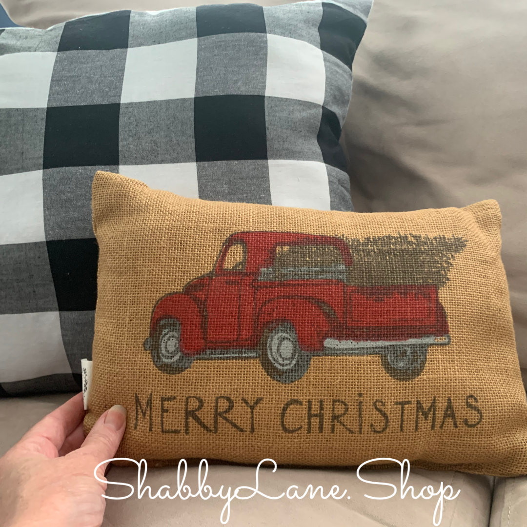 Red truck merry Christmas burlap accent pillow Shabby Lane