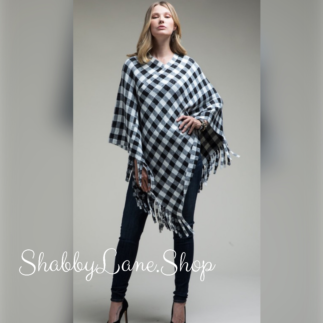 Buffalo plaid poncho with fringe- white and black Shabby Lane