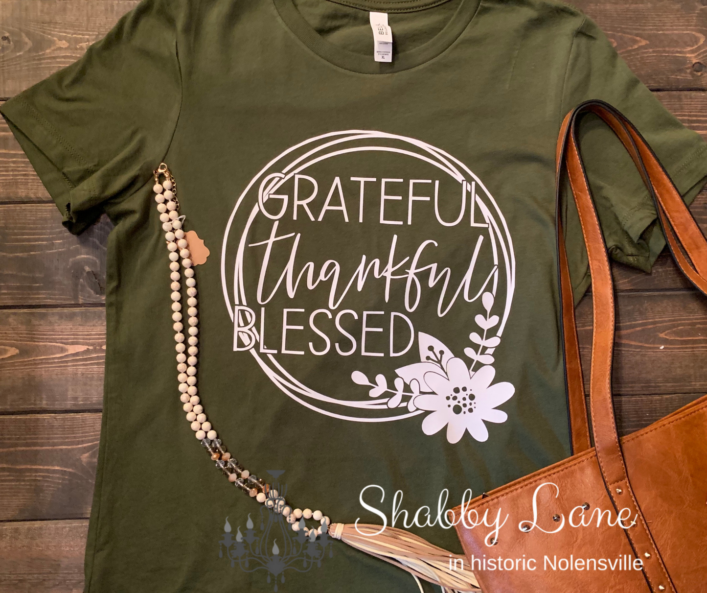 Grateful, Thankful, Blessed - olive tee Shabby Lane