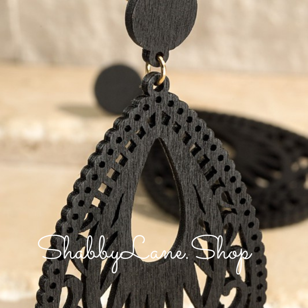 Wooden laser cut tear drop earrings black Shabby Lane